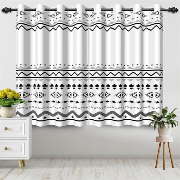 Black White Boho Blackout Window Curtains Bohemian Simple Kitchen Curtains Decor Nordic Chic Classic Art Thermal Insulated Window Drapes For Bedroom Living Room Decor 26"W x 45"L (Pack of 2)