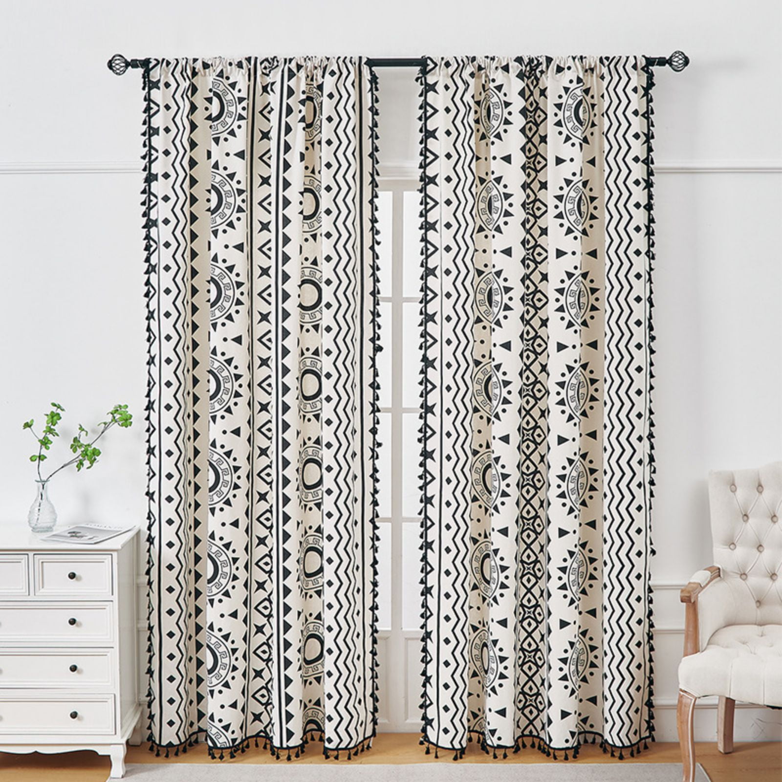Black White Boho Farmhouse Curtains for Living Room 2 Panels, Linen Light Filtering Vintage Curtains Farmhouse Western Aztec Printed Rustic Rod Pocket Curtain Drapes with Tassels