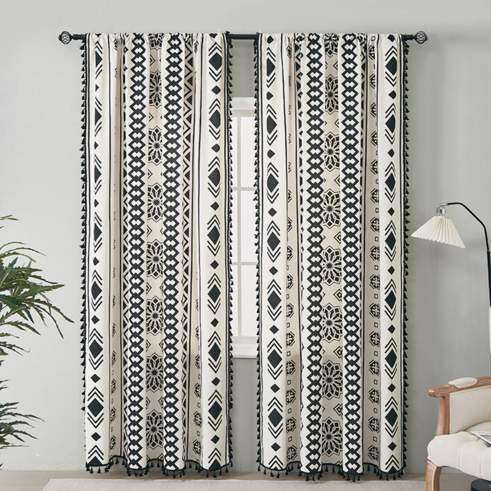 Black White Boho Farmhouse Curtains for Living Room 2 Panels, Linen Light Filtering Vintage Curtains Farmhouse Western Aztec Printed Rustic Rod Pocket Curtain Drapes with Tassels