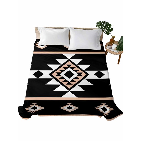 Black White Boho Flat Sheets Only Queen Size, Soft Breathable Bed Top Sheets for Mattress, Modern Western Aztec Abstract Geometric Luxury Bedding Flat Sheets for Home Hotel Bedroom Bed Protection