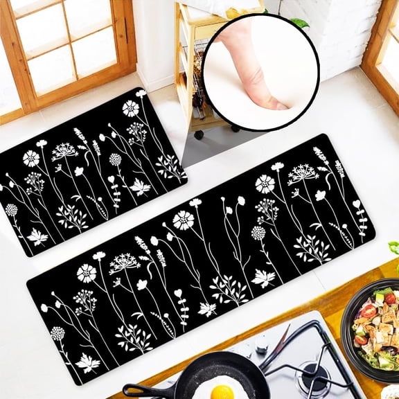 Black and White Boho Floral Cushioned Anti Fatigue Kitchen Floor Rugs and Mats Set of 2, Black Farmhouse Kitchen Decor Non Slip Mats Washable, Comfort Kitchen Runner Rug Office Standing Mat