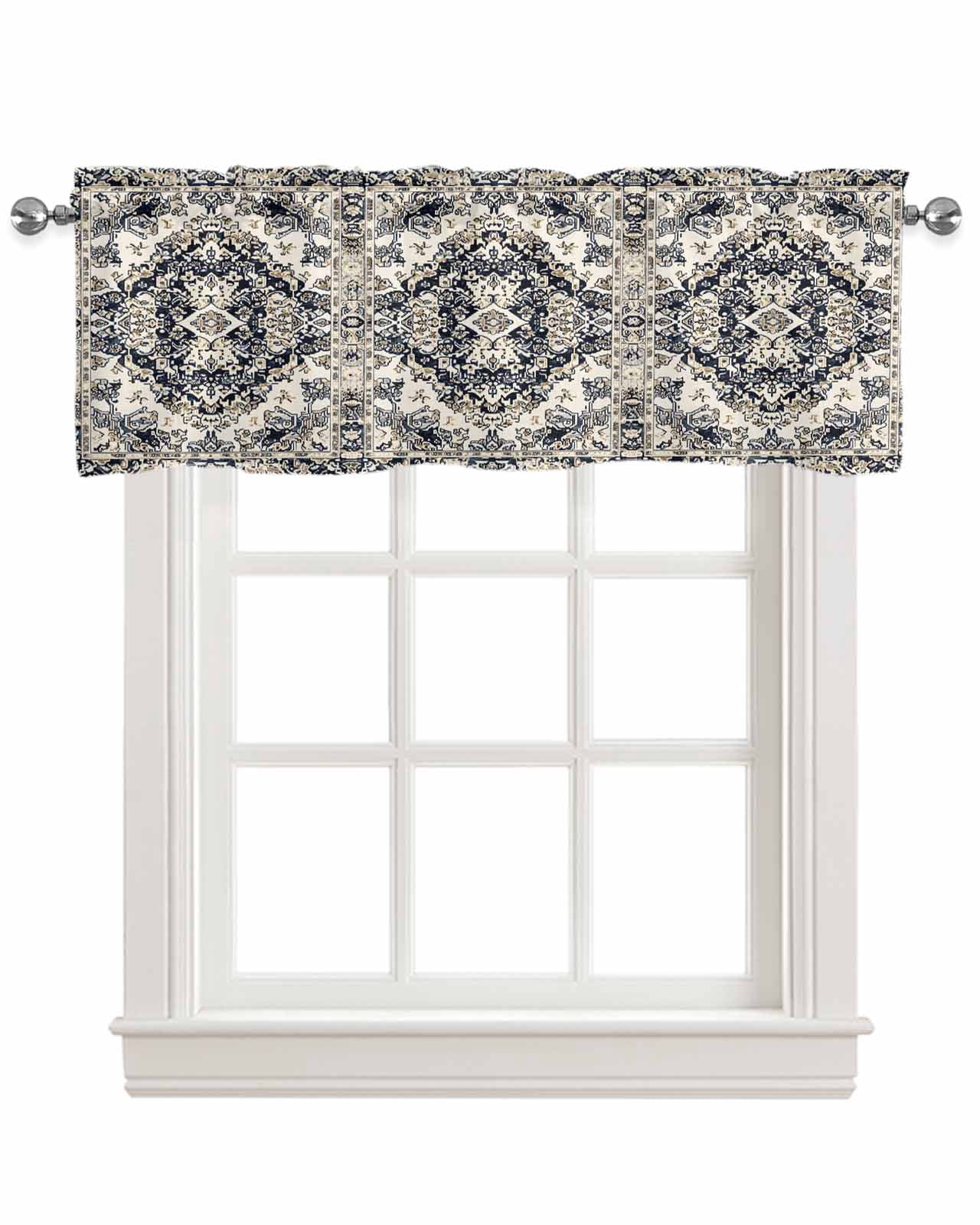 Black White Boho Kitchen Valances for Windows Farmhouse Linen Window Valance Curtain for Living Room Window Treatment Vintage Ethnic Tribe Abstract Art Valance Rod Pocket Topper Drape, 42 x 18 Inch