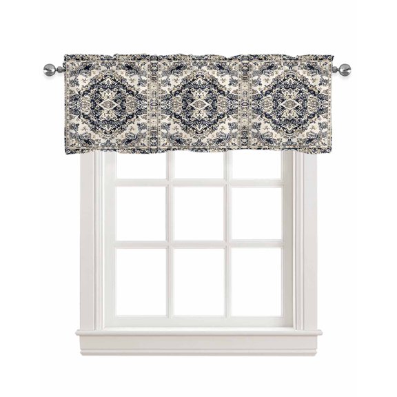 Black White Boho Kitchen Valances for Windows Farmhouse Linen Window Valance Curtain for Living Room Window Treatment Vintage Ethnic Tribe Abstract Art Valance Rod Pocket Topper Drape, 60 x 18 Inch