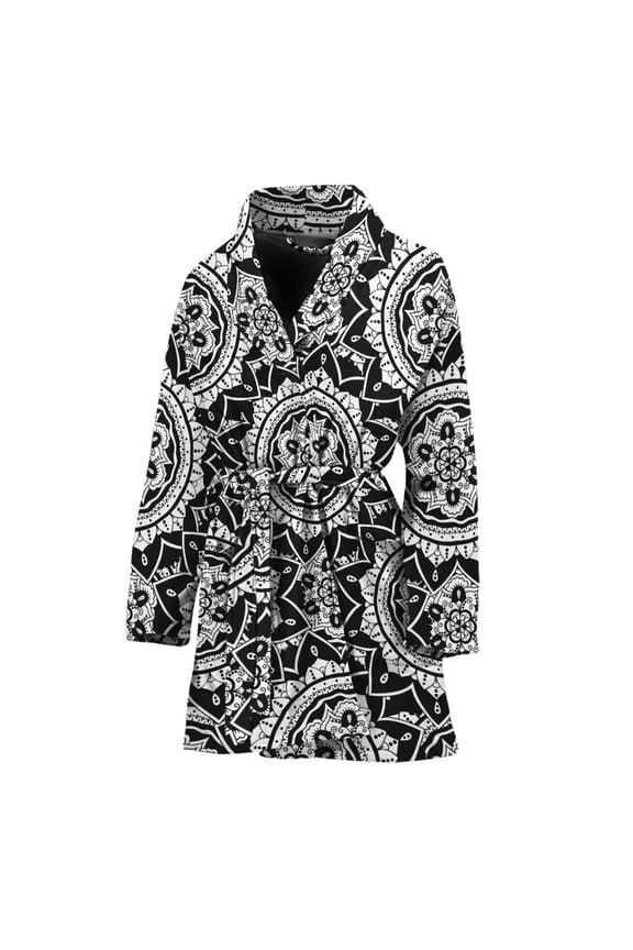 Black And White Boho Mandala Women Bathrobe One Size Univeral Fits, Bohemian Mandala Yoga Boho Fashion Lightweight Plush Fleece Long Robe For Women. Cattleya Flower Floral