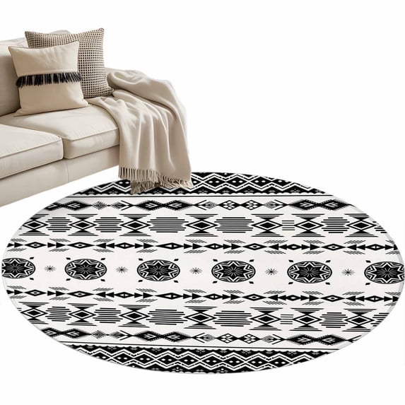 Black White Boho Round Area Rugs Collection 4', Vintage Abstract Art Ethnic Tribe Non Slip Indoor Circular Throw Runner Rug Floor Mat Carpet for Living Room Dining Table Bedroom Nursery