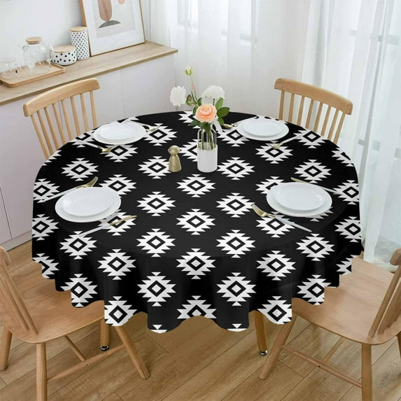Black White Boho Round Tablecloth 60 Inch - Waterproof Fabric Table Cloth Protector, Southwestern Geometric Abstract Art Tablecloths Washable Table Cover for Kitchen Banquet Coffee Table