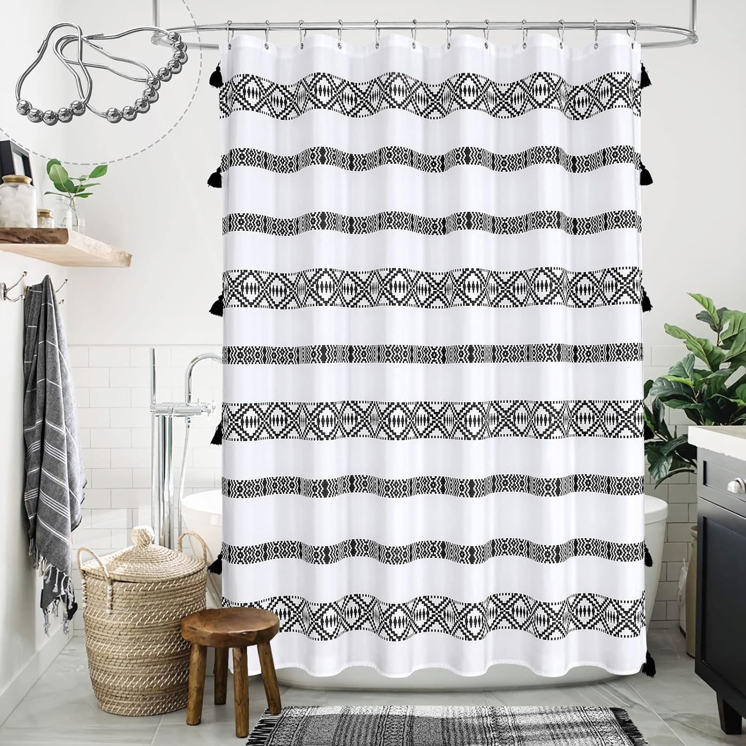 Black and White Boho Shower Curtain Set with Hooks, Modern Farmhouse Cloth Fabric Shower