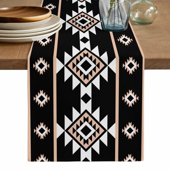 Black White Boho Table Runner, Modern Western Aztec Abstract Geometric Washable Cotton Linen Table Runners 48 Inches Long, Dresser Scarf Runner for Nightstand/Coffee/End Tables 13''x48''