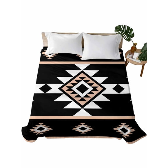 Black White Boho Twin Size Flat Sheet Only, Hotel Luxury Microfiber Bed Top Sheets, Modern Western Aztec Abstract Geometric Soft Breathable Bedding Sheet for Bedroom, Easy Care - 66" x 96"
