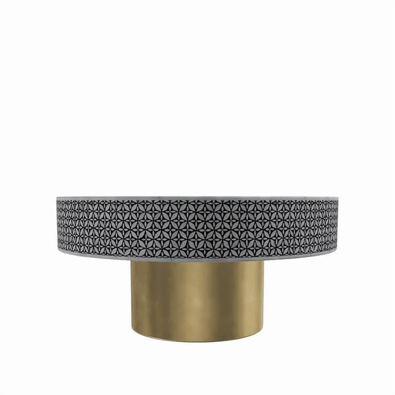 Black & White Bone Inlay Coffee Table – Round Floral Motif with Brushed Gold Base, Handmade Accent Table