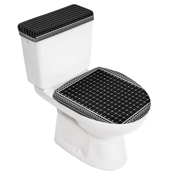 Black White Border Grids Elastic Toilet Lid and Tank Covers Set, Geometric Frames Lines Decorative Bathroom Decor, 2 Pcs Toilet Lid Cover and Toilet Tank Lid Cover with Elastic Bottom