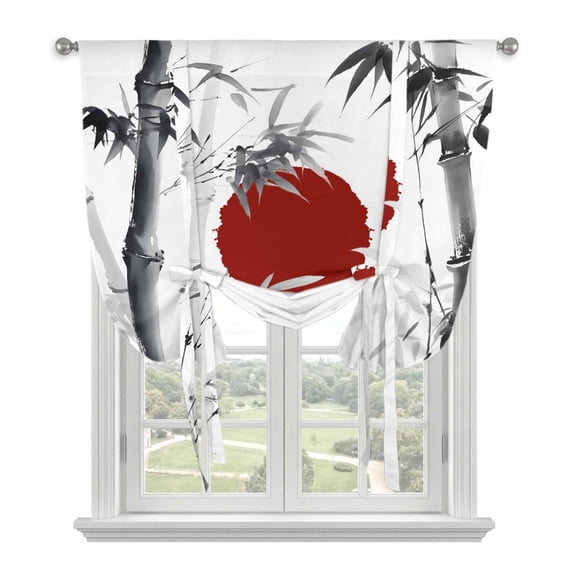 Black White Botanical Balloon Curtains 63 Inch Length for Living Room/Bedroom, Red Moon Ink Wash Art Rod Pocket Privacy Door Curtains Decorative Tie Up Shade for Window 52"x63"