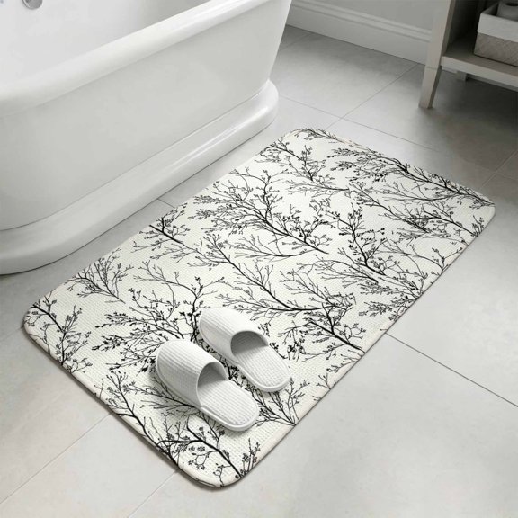Black White Botanical Bathroom Rugs Non Slip Washable Bath Mat Absorbent Low Pile Front Door Mat Vintage Floral Plants Branch Indoor Doormat for Kitchen Entryway Shower Decor Accessories 31.5"x47.2"