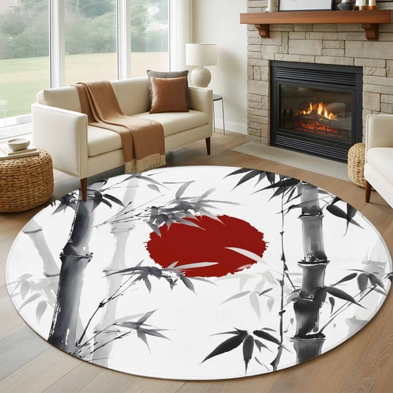 Black White Botanical Round Rug 5ft Washable Circle Kitchen Rugs Non Slip Red Moon Ink Wash Art Large Area Rug Indoor Floor Carpet for Bedroom Living Room Home Office Dining Room Nursery