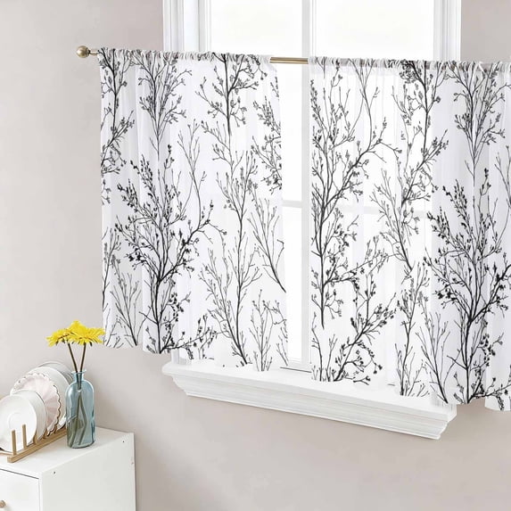 Black White Botanical Semi Sheer Curtains 54 Inch Length 2 Panels Set, Vintage Floral Plants Branch Sheer Kitchen Curtain Privacy Voile Window Curtain for Living Room Bedroom Rod Pocket Drapes