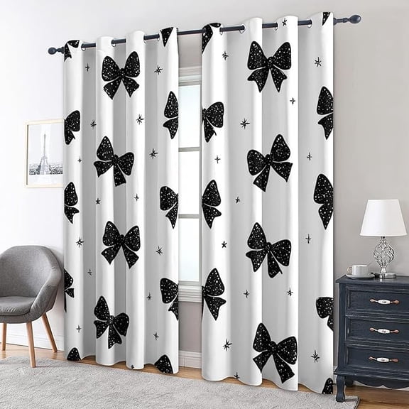Black and White Bow Curtains, Star Bowknot Blackout Curtains, Eyelet Thermal Window Treatments for Bedroom, Living Room, Bow Home Decor 26"W x 45"L (Pack of 2)
