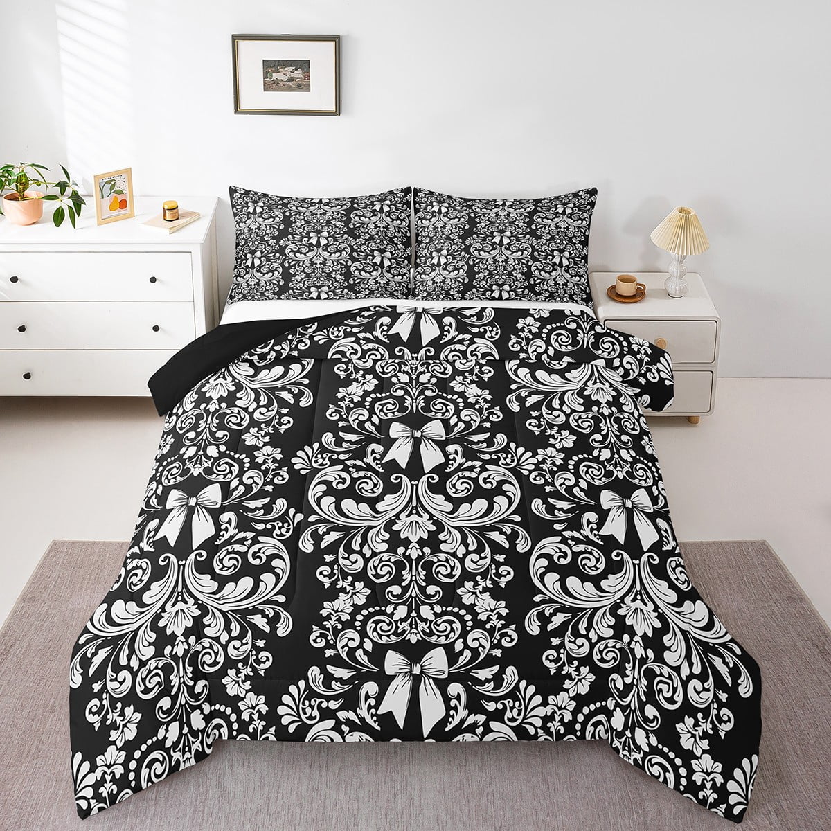 Black Hot Pink Gothic Comforter Set King Size - Vintage Boho Damask Floral Bedding 3 Piece