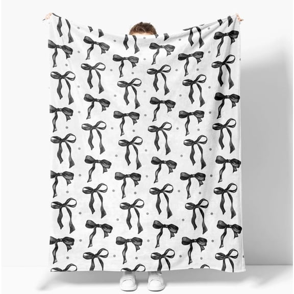 Black and White Bows Blankets Black Bow Preppy Blanket Coquette Flannel Soft Cute Bow Aesthetic Classroom Room Decor for Sofa Couch Travel Bed Christmas Halloween Decoration 30"x40"