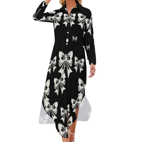 Black White Bows Pattern Chiffon Dress V Neck Dresses Female Casual Dress Birthday Gift