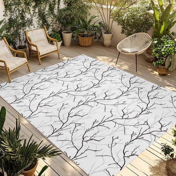 Black White Branches Outdoor Rug for Patio/Deck/Porch, Non-Slip Large Area Rug 3 x 5 Ft, Vintage Art Farmhouse Indoor Outdoor Rugs Washable Area Rugs, Reversible Camping Rug Carpet Runner