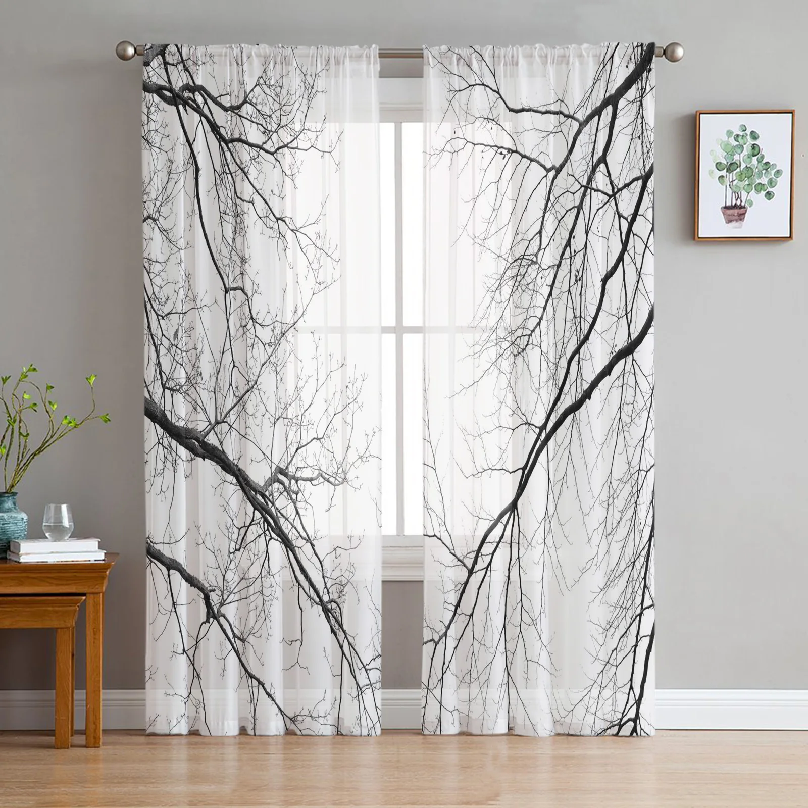 Black White Branches Window Curtains Bedroom Modern Drape Sheer Tulle