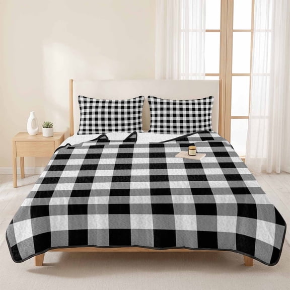 Black White Buffalo Check 3 Pieces Quilt Set,1 Quilt with 2 Shams,Farmhouse Classic Tartan Plaid Bedspread Soft Lightweight Bedding Coverlet Comforter Set for All Season 96"x106"