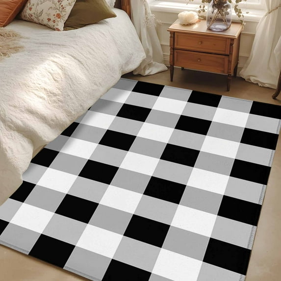Black White Buffalo Check 3x5 Area Rugs, Farmhouse Plaid Modern Geometric Non-Skid Rubber Backing Large Rectangle Rugs - Living Room Bedroom Home Office, Indoor Floor Mat Carpets Washable Rug
