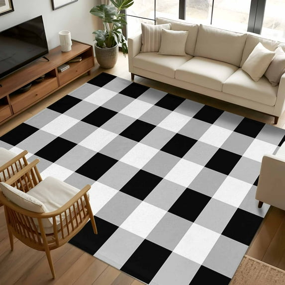 Black White Buffalo Check 6x9 Area Rugs, Farmhouse Plaid Modern Geometric Non-Skid Rubber Backing Large Rectangle Rugs - Living Room Bedroom Home Office, Indoor Floor Mat Carpets Washable Rug