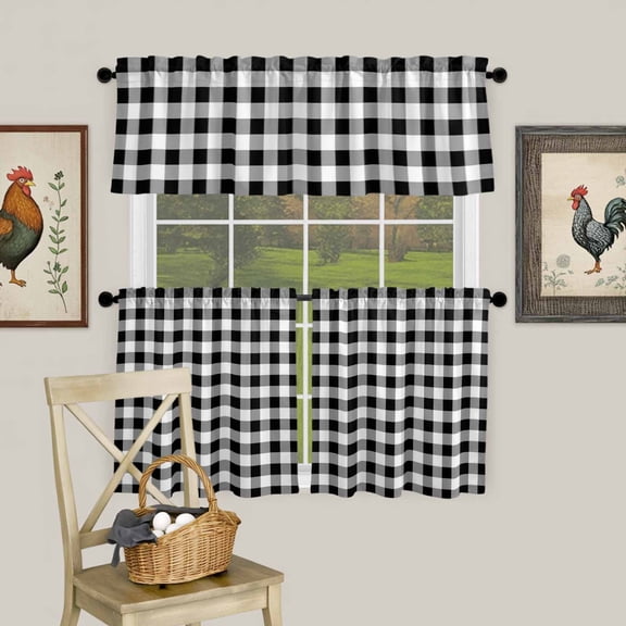 Black White Buffalo Check Curtain Tier and Valance Set 3 Piece, Farmhouse Classic Tartan Plaid 3-inch Rod Pocket Window Tier Curtains Valance for Kitchen Living Room