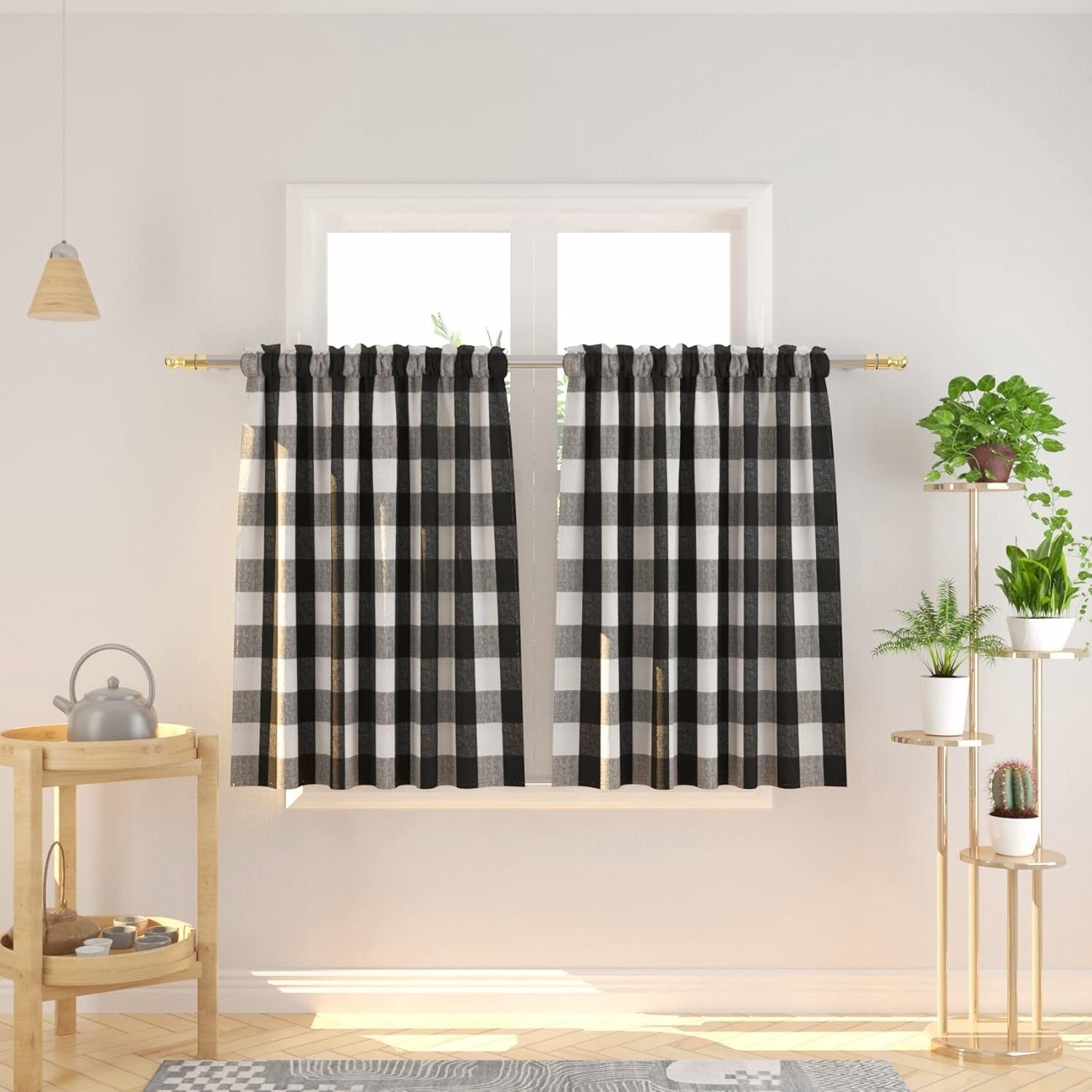 ZJDECOR Buffalo Plaid Kitchen Curtains - 26x36 Inches, Crinkled Sheer, Rod Pocket (2 Pack)