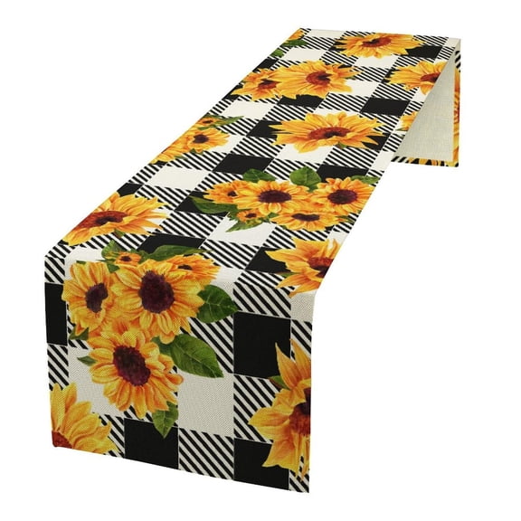Black White Buffalo Check Sunflower Table Runner, Rustic Farmhouse Floral Decorative Table Runner for Dining Table Centerpiece