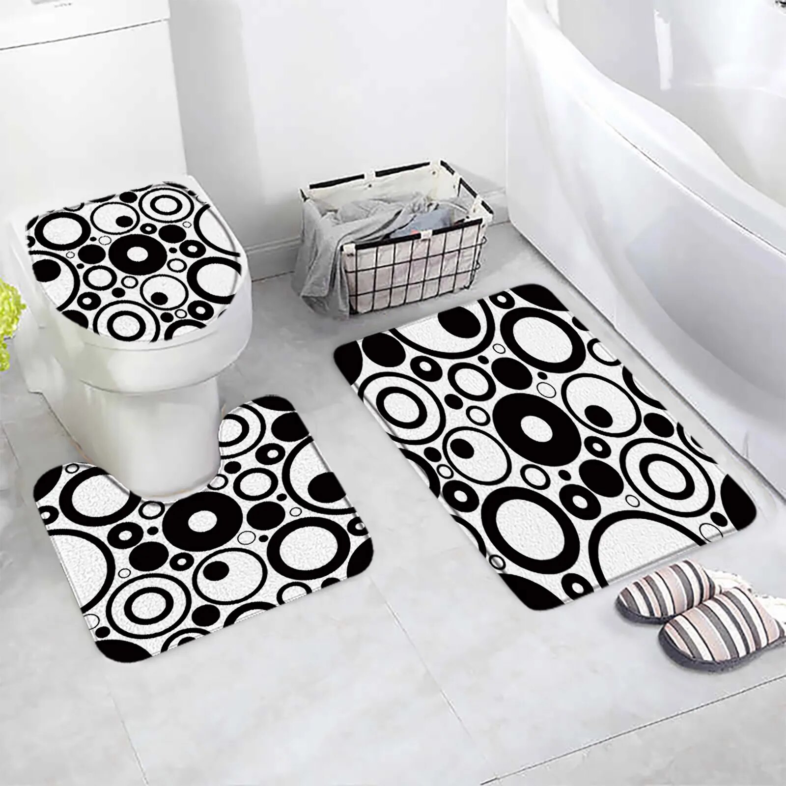 Black White Buffalo Plaid Bath Mats Sets Gray Square Creative Geometric