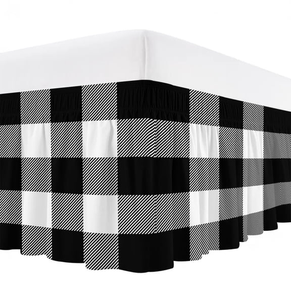 Black White Buffalo Plaid Bed Skirt Bed Skirts California King Size 18 Inch Drop, Modern Abstract Wrap Around Dust Ruffle Bedskirt with Adjustable Elastic Belt for California King Size Beds