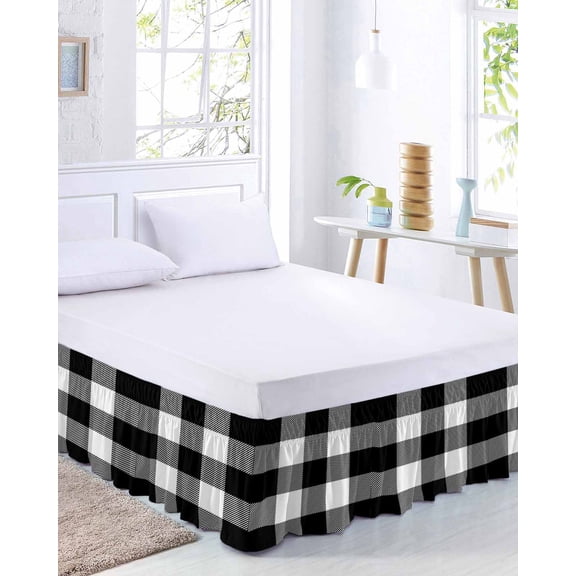 Black White Buffalo Plaid Bed Skirt Queen Size 16 Inch Drop, Modern Abstract Adjustable Elastic Dust Ruffles Bedskirt for Queen Bed Wrap Around Pleated Mattress Frame Cover