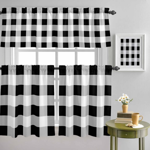 Black White Buffalo Plaid Curtain Tier and Valance Set 3 Piece, Checkered Gingham Geometric 3-inch Rod Pocket Window Tier Curtains Valance for Kitchen Living Room