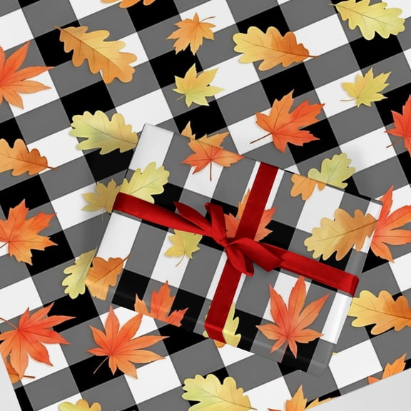 Black White Buffalo Plaid Fall Maple Leaf Wrapping Paper, Autumn Oak Leaf Gift Wrap for Thanksgiving Holiday Birthday Party Present Decor