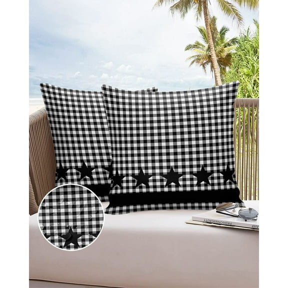 Black and White Buffalo Plaid Grid Outdoor Pillow Covers Waterproof Throw Pillow Cover 18x18in Set of 2,Square Decorative Pillowcases Cushion Case for Patio Sofa Couch,Rustic Star Pattern on Checker