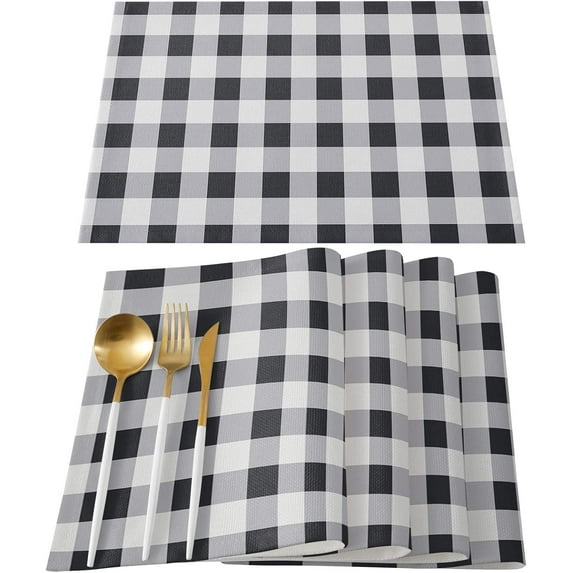 Black White Buffalo Plaid Indoor Placemat Set of 6, Non-Slip Placemats for Kitchen/Dining Table/BBQ/Patio/Parties, 12"x18" Washable Durable Cotton-Linen Table Mats, Farmhouse Check