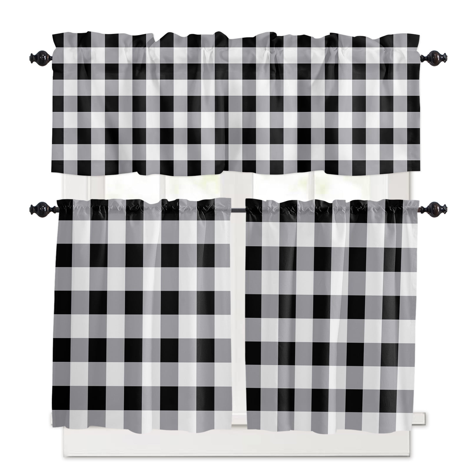 Black and White Buffalo Plaid Kitchen Curtains Set for Windows 3 Pieces ...