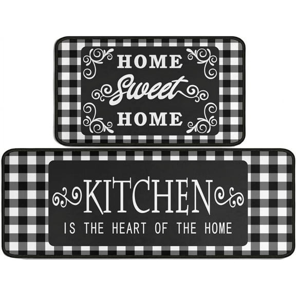 Black and White Buffalo Plaid Kitchen Mat Set of 2, Non Slip Washable Home Decor Kitchen Rugs and Mats for Floor Comfort Standing Mats for Kitchen, Sink, Office, Laundry 17"x47"+17"x30"