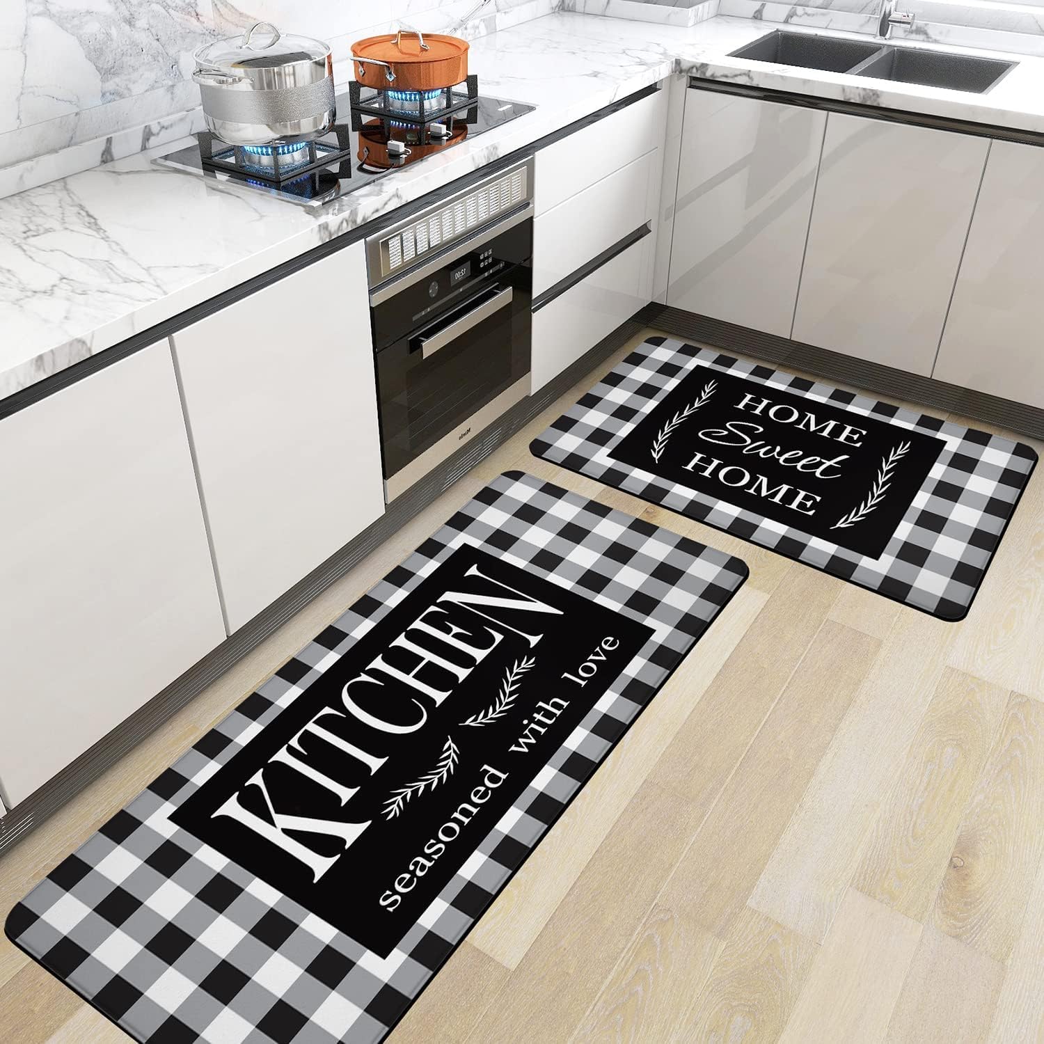 Black and White Buffalo Plaid Kitchen Rugs, Set of 2 Farmhouse Kitchen
