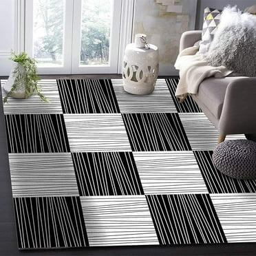Black And White Buffalo Plaid Line Area Rug, Geometric Art Home Decor Rug, Easy Clean Carpet With Anti-Slip Backing Durable Not Falling Off For Bedroom Living Room Dining Room 3 x 4ft