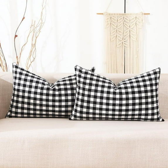 Black and White Buffalo Plaid Outdoor Lumbar Pillow Covers 12x20 Set of 2, Modern Farmhouse Decor Linen Pillows, Black White Winter Christmas Bedroom Plaid Decor (No Pillow Inserts)