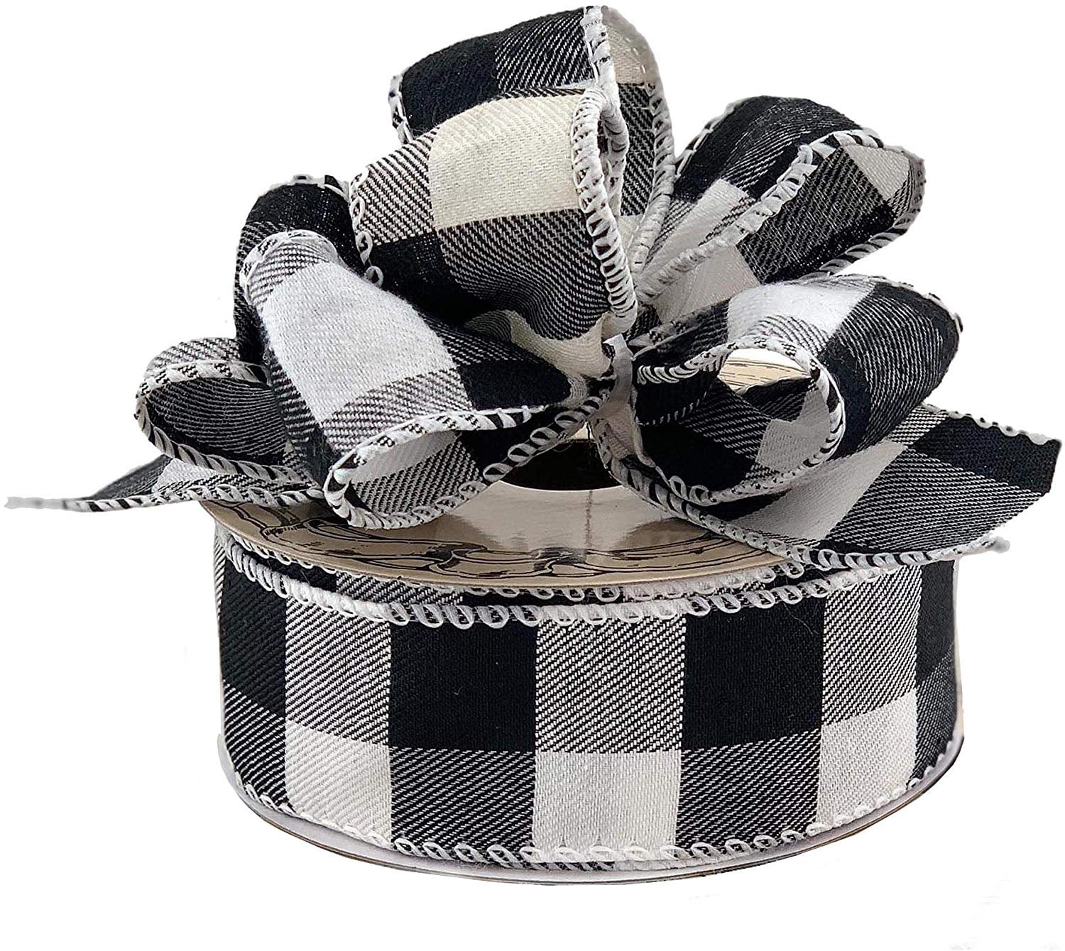 GIFTWRAP ETC Black White Buffalo Plaid Ribbon - 1 1/2" x 10 Yards, Wired Edge Christmas Tree Ribbon, Rustic, Farmhouse, Wreath