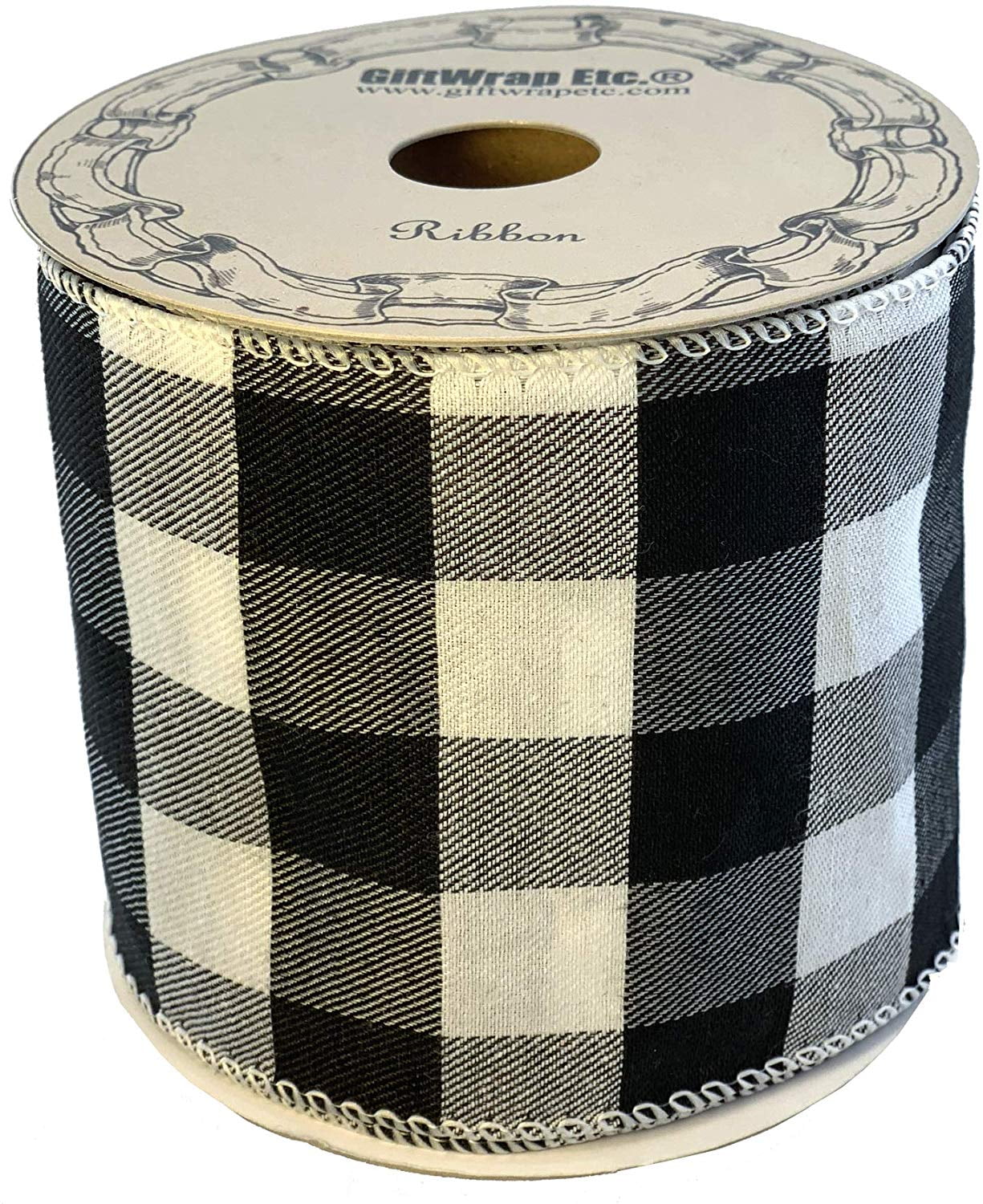 GIFTWRAP ETC Black White Buffalo Plaid Ribbon - 4" x 10 Yards, Wired Edge, Wreath Decor, Christmas, Halloween