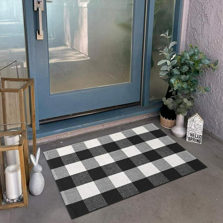 Black and White Buffalo Plaid Rug - 24x36 + Upgraded Anti-Slip Mat,  Outdoor/Indoor Front Porch Check Doormat, Welcome Small Carpet Cotton  Checkered