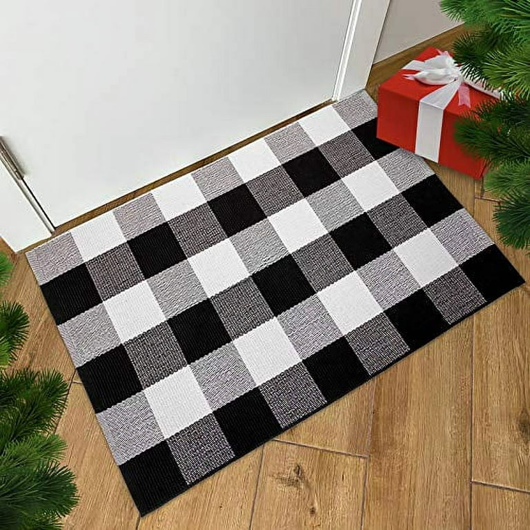 Black and White Buffalo Plaid Rug - 27x43 + Upgraded Anti-Slip Mat,  Outdoor/Indoor Front Porch Check Doormat, Welcome Small Carpet Cotton  Checkered Door Mat, Kitchen Farmhouse Entryway Washable Décor 