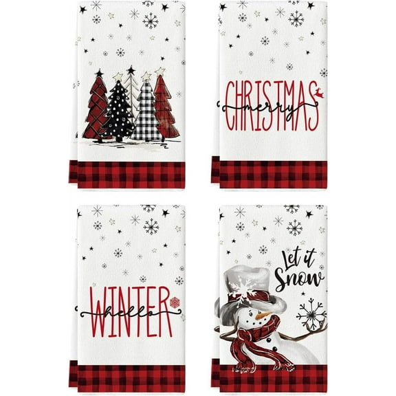 Black White Buffalo Plaid Snowman Xmas Trees Christmas Kitchen Towels Dish Towels, 18x26 Inch Daily Winter Decoration Hand Towels Set of 4