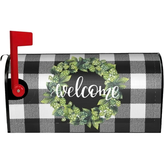 Black White Buffalo Plaid Summer Mailbox Covers Magnetic Large Size 25.5" X 21" Hops Wreath Welcome Summer Mailbox Cover Decorations Wrap