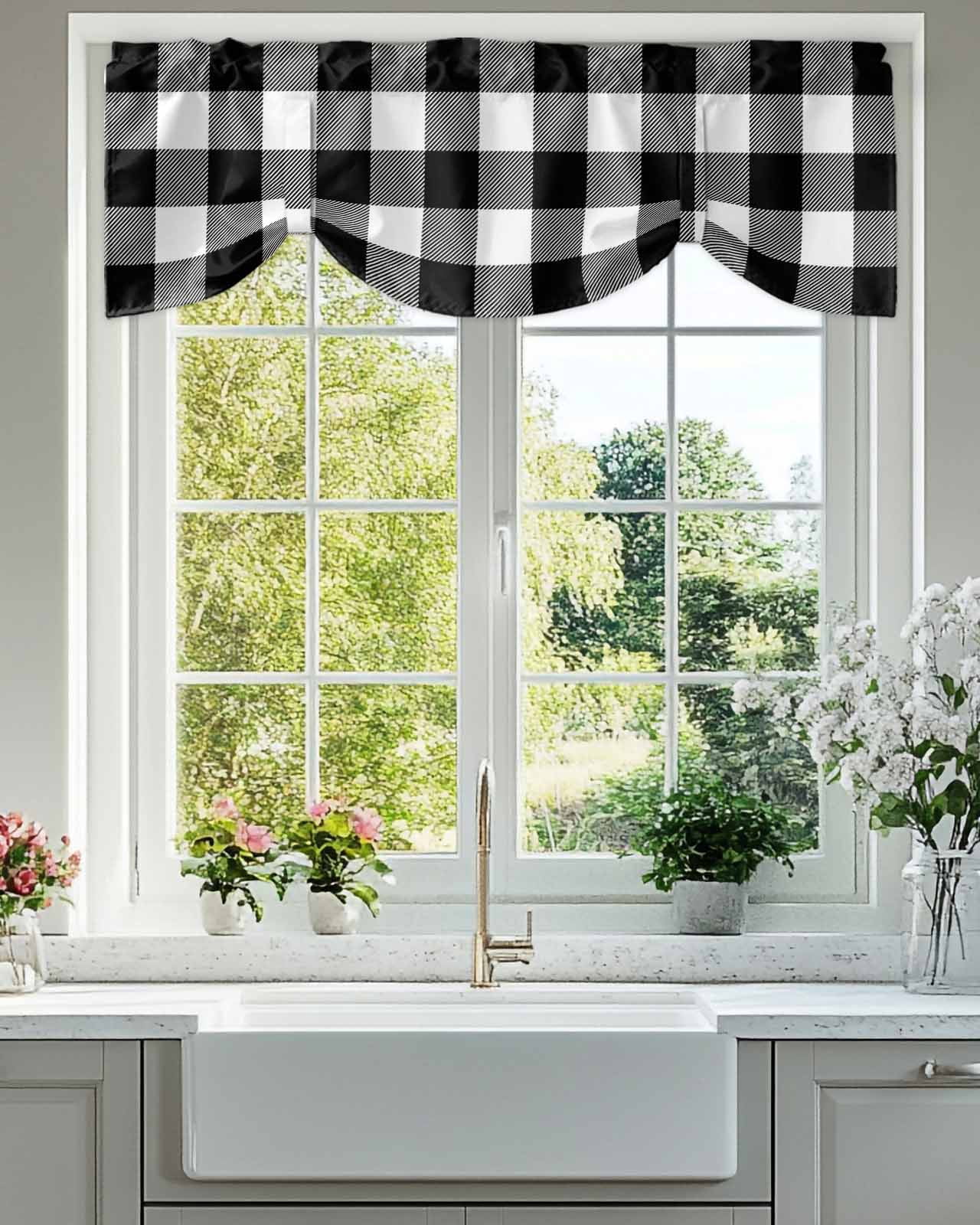 Black White Buffalo Plaid Tie Up Valances Curtain, Adjustable Kitchen Modern Abstract Valances for Windows Decor, Rod Pocket Short Curtains Set for Bedroom/Bathroom, 60"x18"